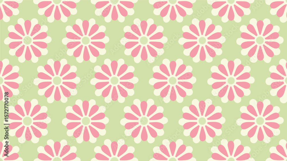 Repeating floral pattern with pink and white blossoms on a light green background creating a wallpaper effect Repeating floral pattern with pink and white blossoms on a light green background creating a wallpaper effect