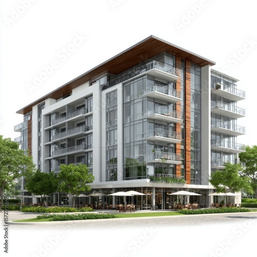 Modern Condominium Building with Balconies and Restaurant on the Ground Floor