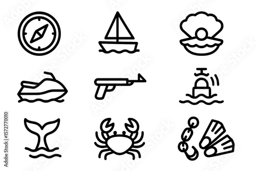 Nautical icon set featuring sailing and marine life elements in outline style