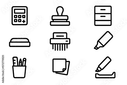 Minimalist office icon set featuring essential supplies in linear design