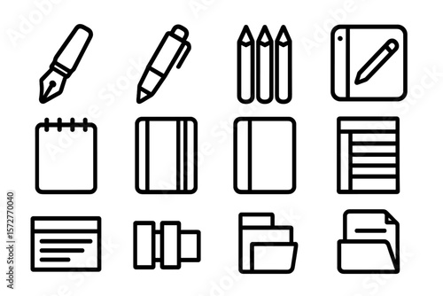 Minimalist black pen and notebook icons for creative professionals