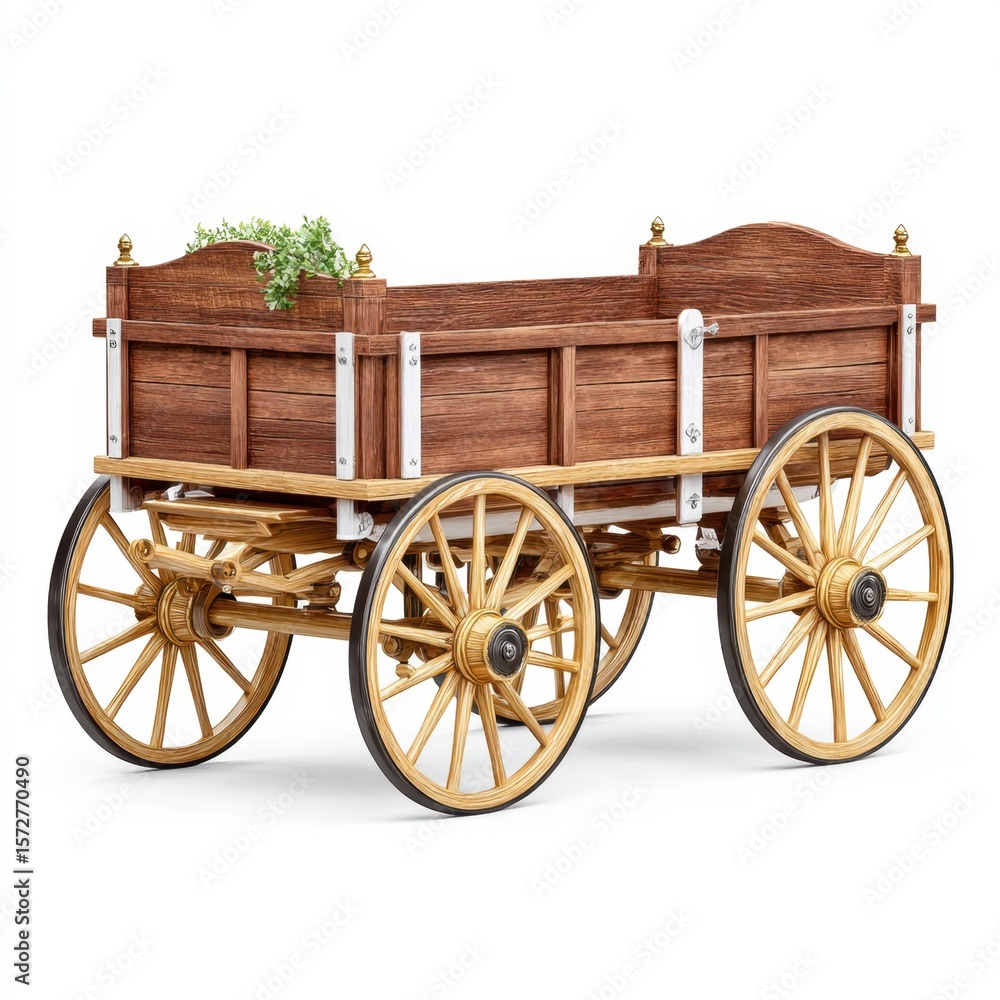 Fototapeta premium Vintage Wooden Wagon Cart with Wheels and Greenery on White Background