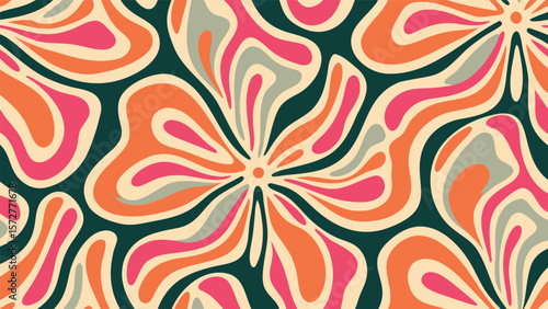 Retro floral pattern with curved petals in orange pink and beige on a dark green background design