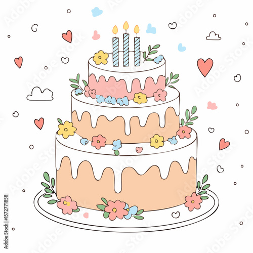 Hand drawn round cake with glazed top, candles and flowers decorations. Whimsical doodle dessert for birthday, wedding, anniversary. Coquette bakery item. Line art sweet pastry food. Vector ...