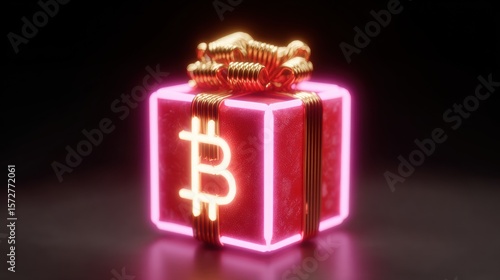 Close-up of a glowing gift box topped with an illuminated golden Bitcoin symbol on a dark background.