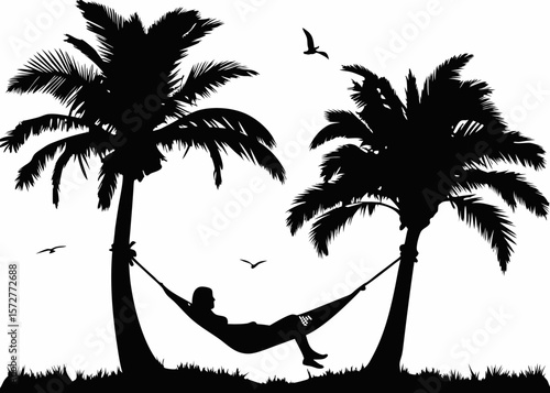Peaceful hammock rest silhouette - minimalist moment of calm for retreat, mental wellness, or beachside leisure sticker designs.