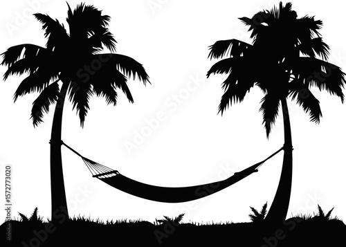 Relaxed hammock scene under palms - a peaceful silhouette for beach holidays, island life, tropical living, and rest and relaxation merchandise.