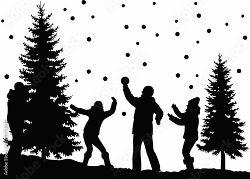 Joyful snowball fight - silhouette of playful winter scene great for family holidays, snowy fun, and cold weather sticker designs.