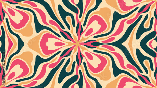 Abstract symmetrical pattern with flowing shapes in pink orange and dark green colors design element