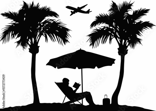 Silhouette of person lounging on a beach chair - relaxed summer vibe perfect for vacation, tropical freedom, and seaside relaxation sticker scenes.