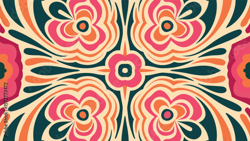 Symmetrical floral pattern with pink orange and green hues creating an abstract kaleidoscope design