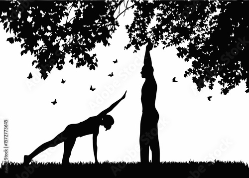 Yoga stretch silhouette - mindful motion with arms extended, symbolizing peace, calmness, and healthy posture in meditative or wellness art.