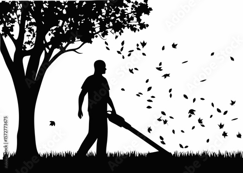 Silhouette of a person operating a leaf blower - ideal for representing outdoor care, gardening tools, landscaping work, and fall preparation in sticker form.
