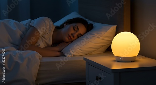 Woman peacefully asleep in her bed illuminated by a bedside lamp