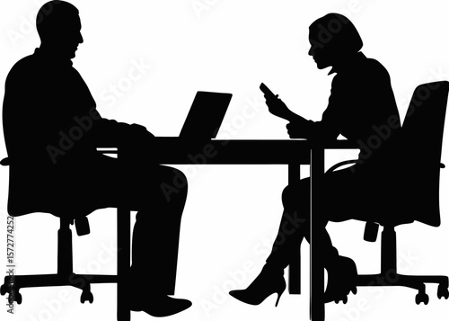 Workplace silhouette of two colleagues at desk - ideal for HR presentations, corporate SVG kits, interview graphics, or business team branding visuals