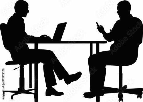 Seated professionals in conversation silhouette - suitable for HR materials, team-building SVGs, business office clipart, and professional communication illustrations
