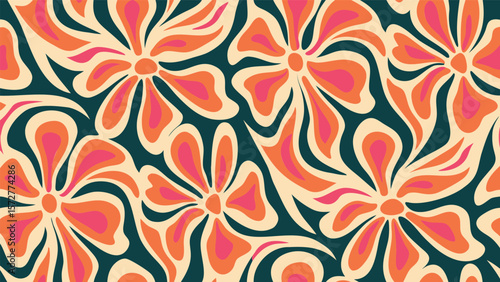 Retro floral pattern with layered petals in orange pink and cream on a dark teal background