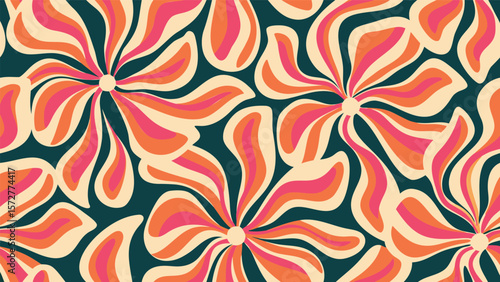 Retro floral pattern with orange, pink, and cream petals on a dark teal background design repeat