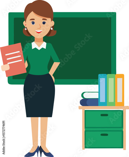 Friendly female teacher with a book and a chalkboard in a classroom setting isolated on transparent background