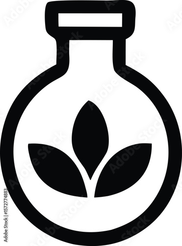 Stylized black and white icon of a round bottom flask containing three abstract green leaves symbolizing growth and natural science research