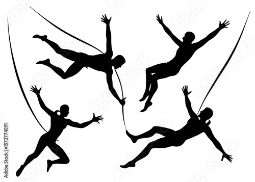 Thrilling silhouette of four people bungee jumping - perfect for adventure-themed SVGs, extreme sport stickers, travel blogs, thrill-seeker apparel, or outdoor graphics