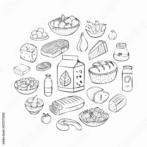 Set of hand drawn supermarket products illustrations. Food doodle sketches. Outline cans, vegetables, fruits, steak, milk, fish, eggs and other grocery items. Vector cooking ...