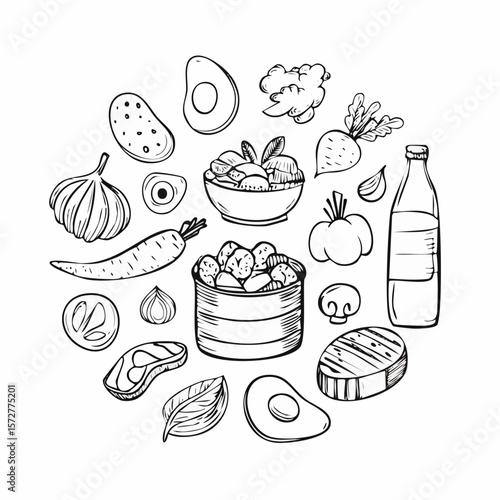 Set of hand drawn supermarket products illustrations. Food doodle sketches. Outline cans, vegetables, fruits, steak, milk, fish, eggs and other grocery items. Vector cooking ...
