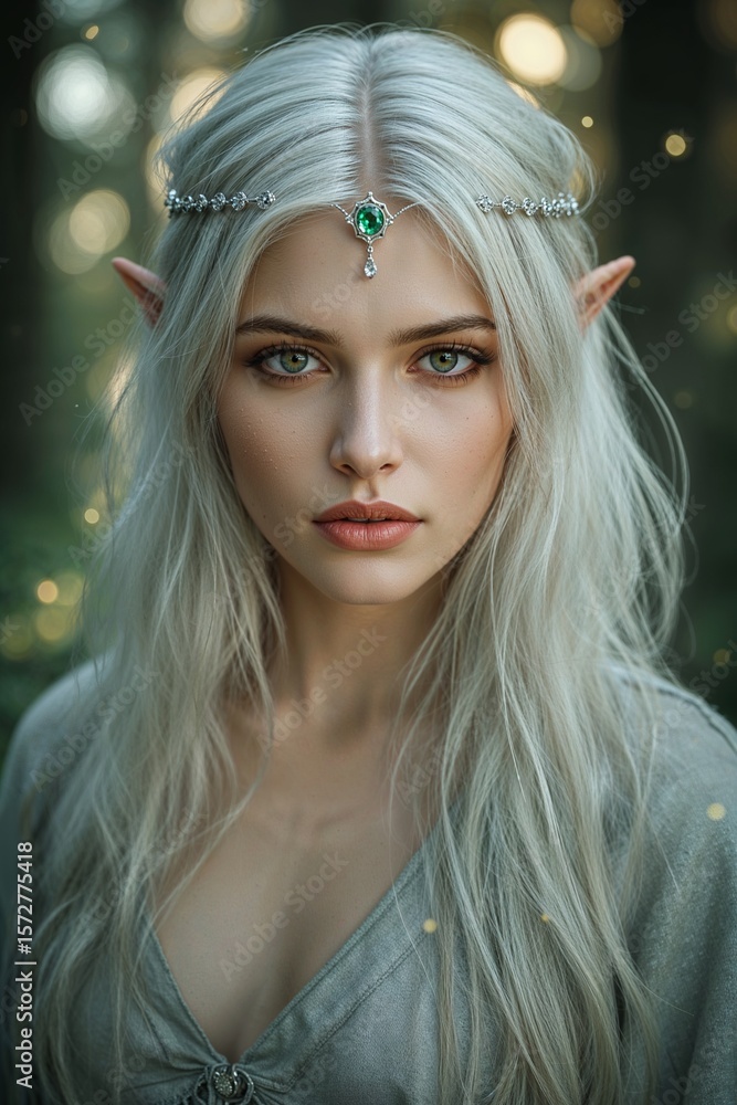 Fototapeta premium Ethereal Portrait of a Woodland Elf Princess with Emerald Eyes and Silver Circlet