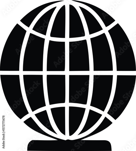 A stylized black and white graphic icon representing a globe with a grid of meridians and parallels supported by a base
