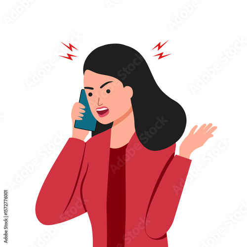 Angry aggressive woman nervously screaming looking with hatred at mobile phone screen. Hand drawn in thin line style, vector illustrations.