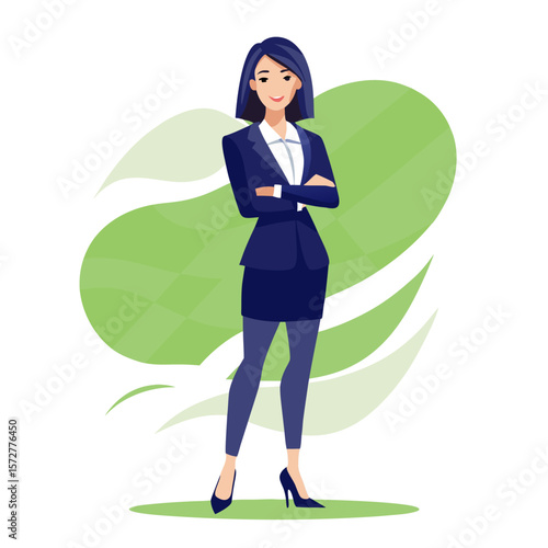 Empowered female leader in office outfit with crossed arms representing strength, ambition, and confidence in the financial and corporate business world