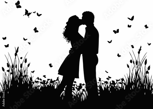 Romantic couple silhouette kissing in tall grass—perfect for love storybooks, Valentine’s illustrations, and relationship SVG art for couples