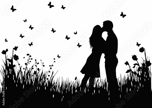 Romantic black silhouette of a couple in an embrace and kiss amidst tall grass—ideal for love themes, dating scenes, and affectionate moments in design