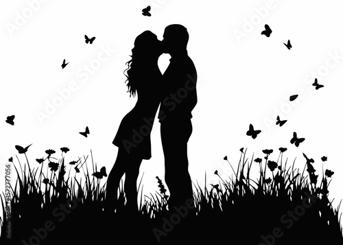 Silhouette of a romantic couple kissing in tall grass under the sky—perfect for love, Valentine's Day, and affectionate couple-themed vector designs
