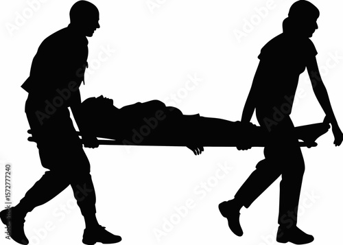 Dynamic silhouette of two paramedics, one kneeling and one standing, delivering emergency aid – perfect for healthcare, EMT, and first responder themed designs