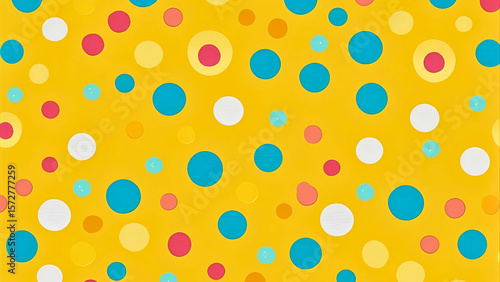 Cheerful bright yellow background with colorful circles creates a whimsical and playful polka dot pattern ideal for various designs.