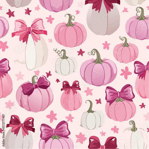 Seamless vector pattern with cute coquette pumpkins with burgundy bows. Pink halloween symbols on background. Autumn vegetables texture for wallpaper, ...