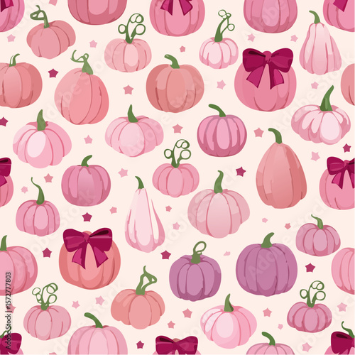 Seamless vector pattern with cute coquette pumpkins with burgundy bows. Pink halloween symbols on background. Autumn vegetables texture for wallpaper, ...