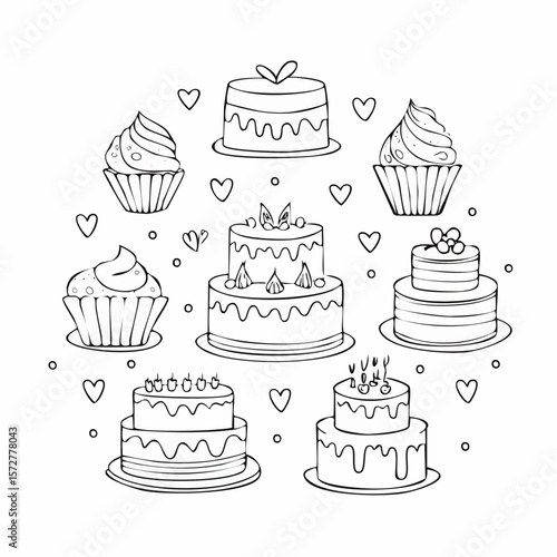 Set of hand drawn wedding and birthday cakes, cupcakes and pies. Whimsical doodle desserts illustrations. Coquette bakery items. Line art sweet pastry ...
