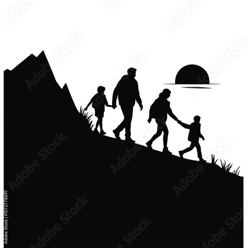 Black and white silhouette vector of family hiking on mountain ridge with mother, father, and two children in nature scene