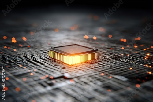A futuristic 3D microchip glowing in the center of a grid of electronic lines and pulses 