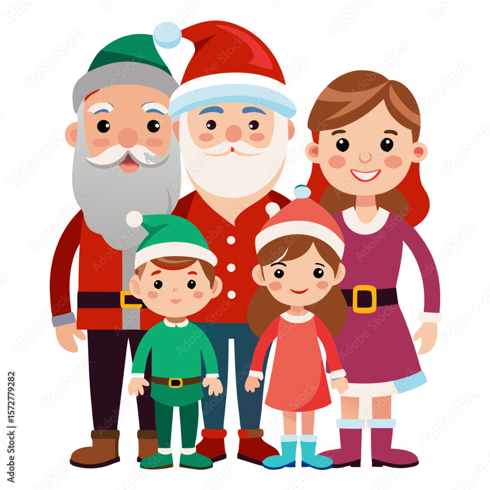 Fototapeta premium Happy cartoon Christmas family with Santa and Mrs. Claus and children vector illustration for holiday celebrations.