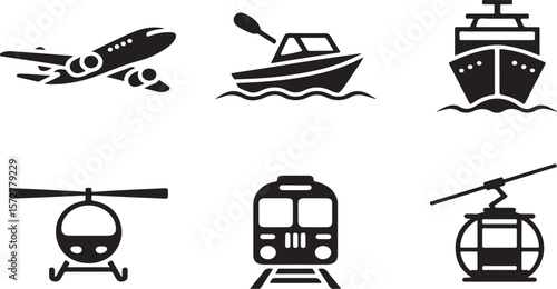 "Set of 6 Black and White Icons Representing Various Modes of Transportation".