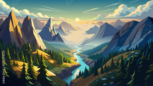 Passage over scenic, sunlit evergreen mountains shrouded in mist, aerial shot