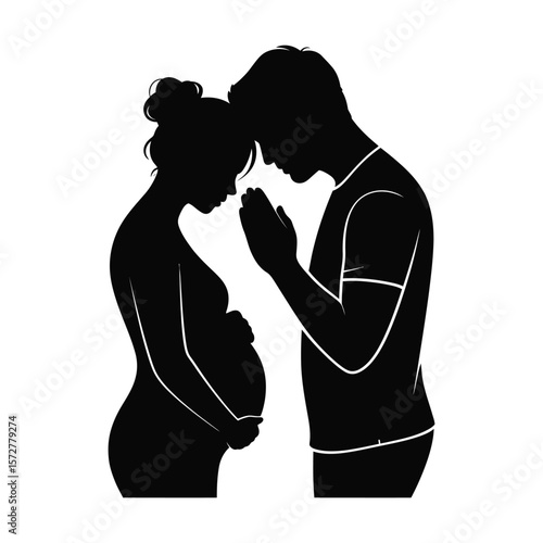 Black and white silhouette vector of husband praying with hand on wife’s pregnant bump in emotional family moment