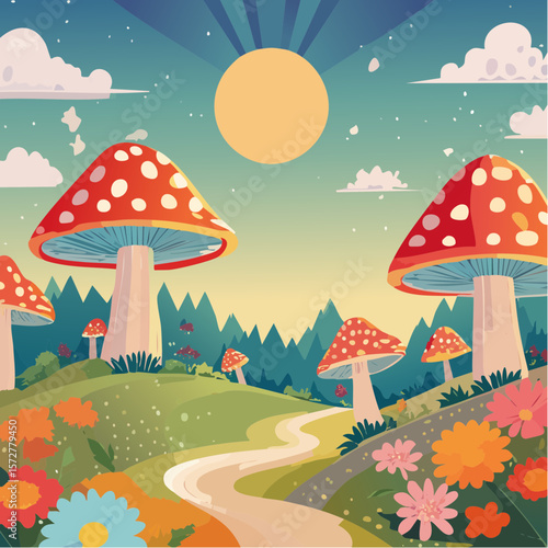 Colorful groovy mushrooms and flowers illustration in 70s and 60s style. Vintage hippie landscape. Psychedelic seventies floral background. Vector graphic ...