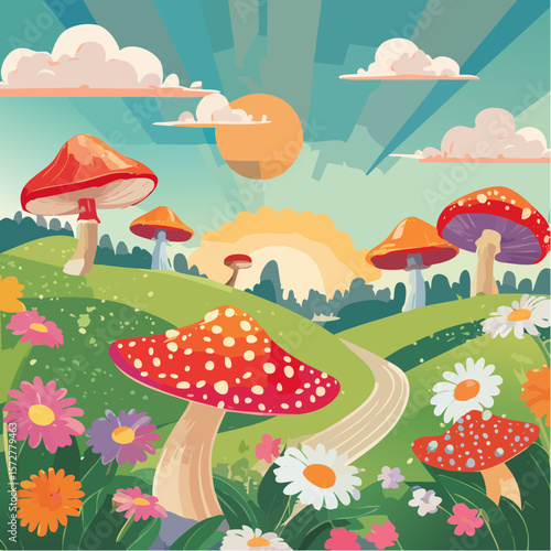 Colorful groovy mushrooms and flowers illustration in 70s and 60s style. Vintage hippie landscape. Psychedelic seventies floral background. Vector graphic ...