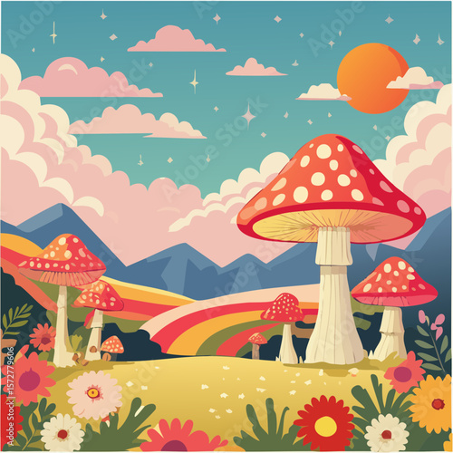 Colorful groovy mushrooms and flowers illustration in 70s and 60s style. Vintage hippie landscape. Psychedelic seventies floral background. Vector graphic ...