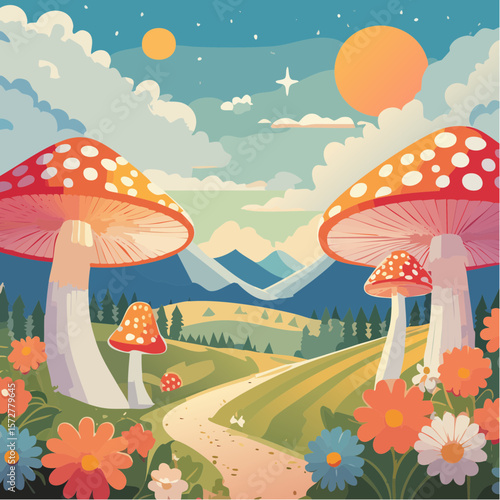 Colorful groovy mushrooms and flowers illustration in 70s and 60s style. Vintage hippie landscape. Psychedelic seventies floral background. Vector graphic ...