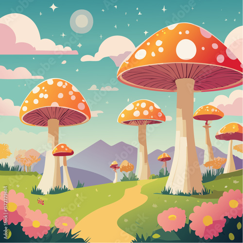 Colorful groovy mushrooms and flowers illustration in 70s and 60s style. Vintage hippie landscape. Psychedelic seventies floral background. Vector graphic ...